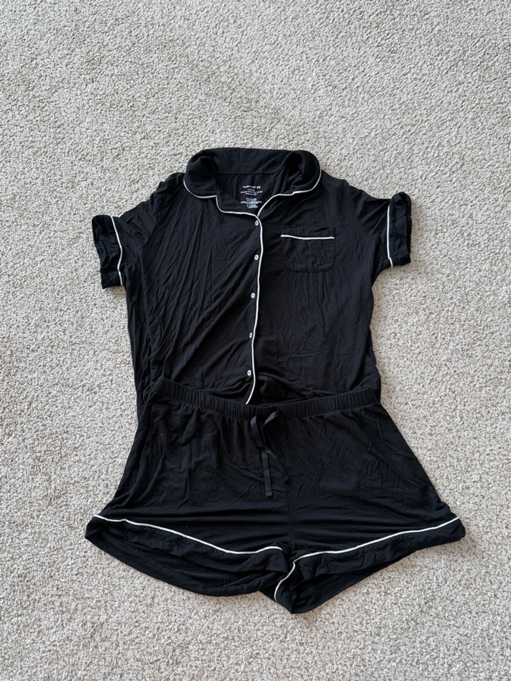 Black Short-Sleeve Pajama Set with White Piping